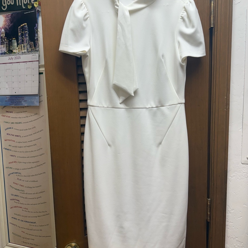 Maggy London White Sheath Dress with Puff Sleeves